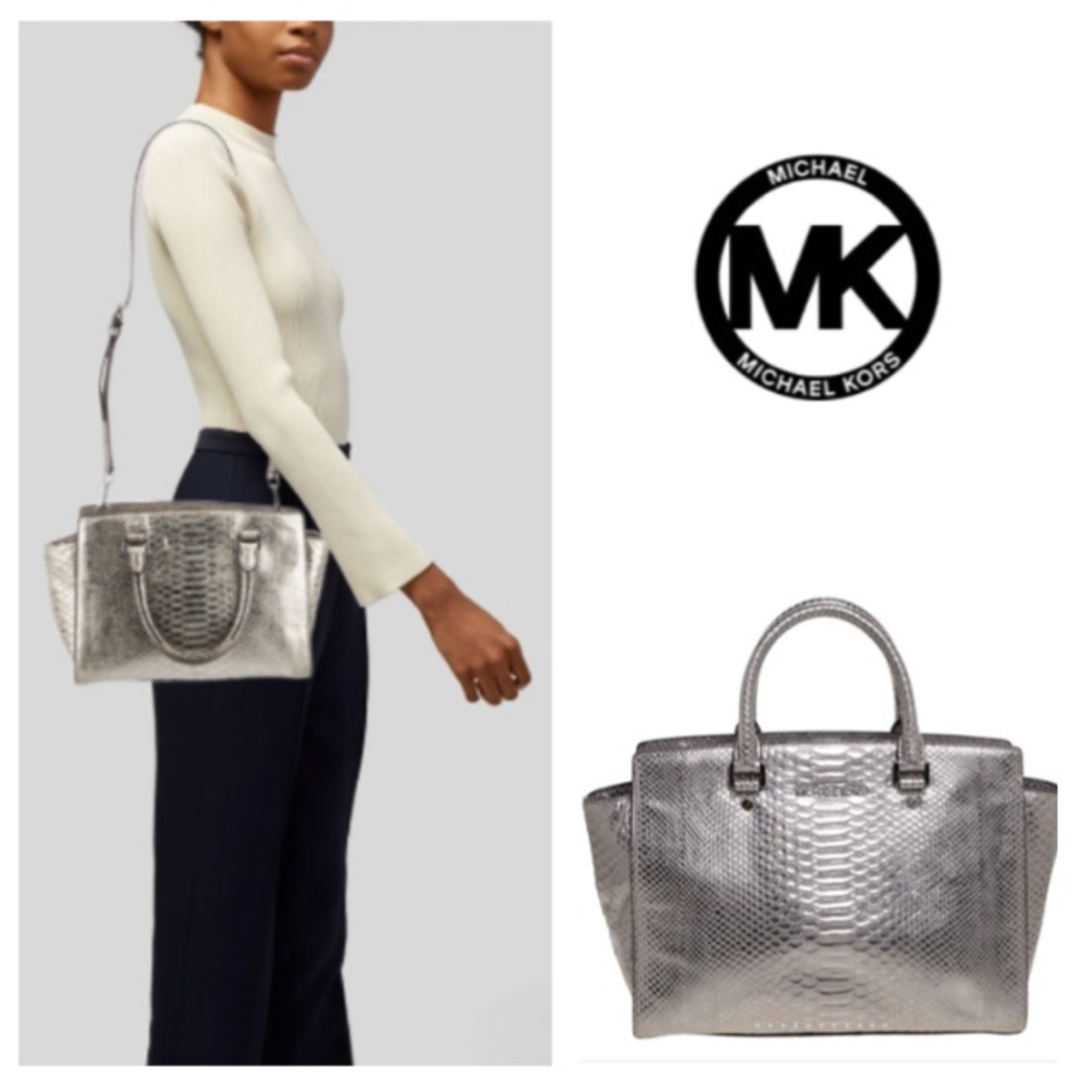 MICHAEL Michael Kors Metallic Silver Python Embossed Leather Medium Selma Tote